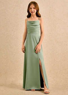 Azazie Chamomile Girls Formal Sukienki dla dziewczynek sypiących kwiaty Linia A Pofałdowany Satyna elastyczna Długość podłogi Sukienka image4