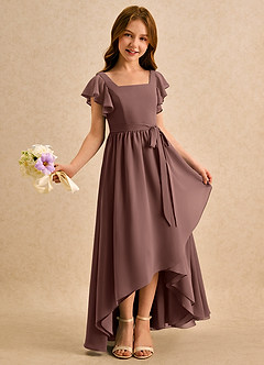 Azazie Milly Girls Formal Robe Demoiselle D'honneur Fillette Robe Trapèze en Mousseline de soie Plissé Expresso image1