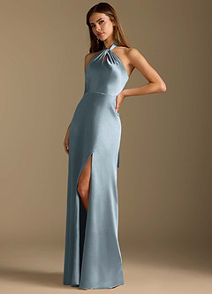 Azazie Tracie Abiti da Damigella Abito A-Line in Raso Metallizzato Plissettato Blu Polveroso image4