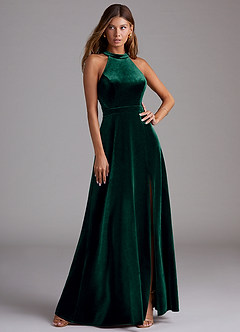 Azazie Clarice Vestidos de madrinha de casamento Vestir Esmeralda de Veludo de Linha A com Fenda Lateral image1