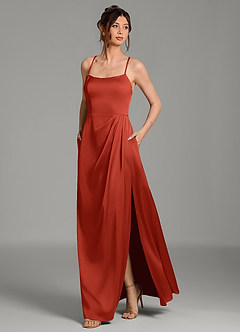 Azazie Frankie Bridesmaid Dresses Rust A-Line Pleated Stretch Satin Dress image3