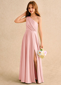 Azazie Puddles Girls Formal Flower Girl Dresses Powder Pink A-Line One Shoulder Stretch Satin Dress image3