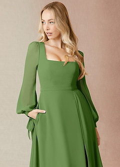 Azazie Leonia Bridesmaid Dresses Basil A-Line Long Sleeve Chiffon Dress image6