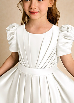 Azazie Miriam Flower Girl Dresses Ivory Ball-Gown Pleated Matte Satin Dress image8
