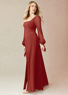Azazie Leonia Abiti da Damigella Abito A-Line in Chiffon Manica Lunga Terracotta image4