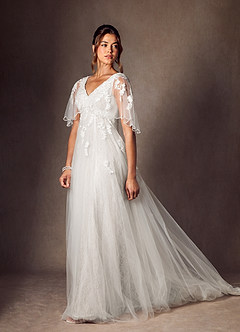Azazie Renesmee Wedding Dresses Diamond White A-Line Sequins Tulle Dress image1