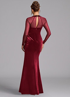 Azazie Megan At-home Try On Dresses Burgundy Mermaid Long Sleeve Mesh Dress image2