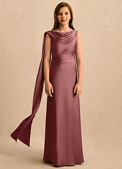 Azazie Sanah Girls Formal Robe Demoiselle D'honneur Fillette Robe Trapèze en Satin extensible Plissée Améthyste image4