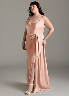 Azazie Brielle Bridesmaid Dresses Rose Gold A-Line Cowl Spaghetti Straps Stretch Satin Dress image10