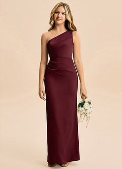 Azazie Akilah Junior Cabernet Sheath Pleated Stretch Satin Dress image1