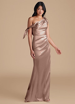Azazie Xyla Bridesmaid Dresses Taupe Sheath Off the Shoulder Metallic Satin Convertible Dress image7