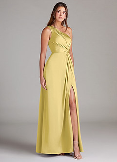 Azazie Brooke Robes de demoiselle d'honneur Robe Trapèze en Satin extensible Une épaule Canari image5