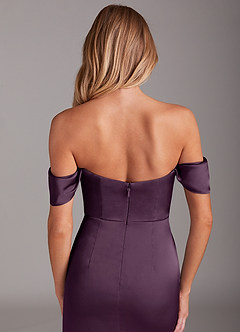 Azazie Saige Bridesmaid Dresses Plum Sheath Off the Shoulder Stretch Satin Dress image9