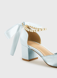 front Satin Pearl and Bow Pointed Toe Block Heels