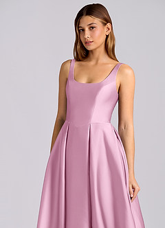 Azazie Amalie Vestidos de damas de honor Vestido de Rosa Caramelo de Satén Elástico de Línea A con Plisado image11