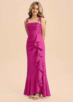 Azazie Ryan Junior Vestido de Fucsia de Satén Elástico de Corte Recto con Lazo image1