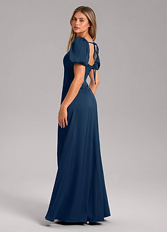 Azazie Fyona Vestidos de damas de honor Vestido de Azul Marino Oscuro de Satén Elástico de Corte en A con Plisado image5