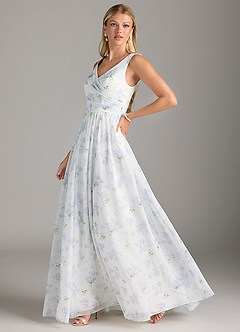 Azazie Keyla Bridesmaid Dresses Blue Vintage Floral A-Line V-Neck Pleated Chiffon Dress image1