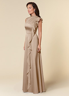 Azazie Narine Mother of the Bride Dresses Taupe A-Line High Neckline Pleated Stretch Satin Dress image2