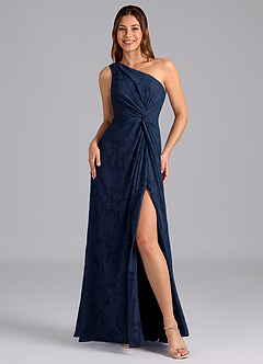 Azazie Brooke Bridesmaid Dresses Dark Navy A-Line One Shoulder Floral Burnout Dress image4