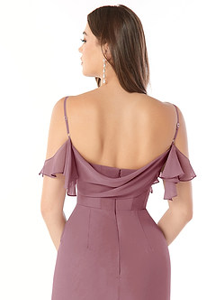 Azazie Emeralda Bridesmaid Dresses Vintage Mauve Sheath Off the Shoulder Chiffon Dress image5