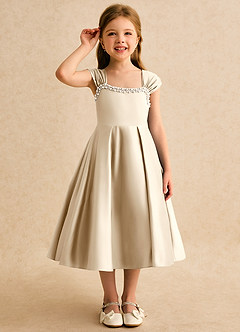 Azazie Yosemite Jurken voor bloemenmeisjes Baljurk Jurk van Mat Satijn Sweetheart Halslijn Champagne image5