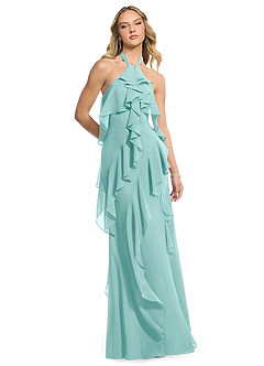 Azazie Velma Bridesmaid Dresses Aqua A-Line Side Slit Chiffon Dress image3