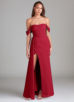 Azazie Amyra Bridesmaid Dresses Scarlet Sheath Off the Shoulder Chiffon Convertible Dress image1