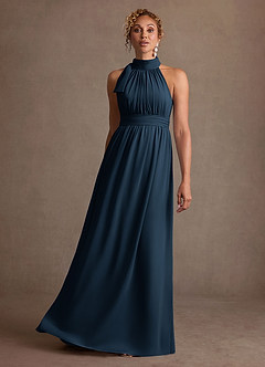 Azazie Antoinette Mère de la mariée Robes Robe Trapèze en Mousseline de soie Plissé Bleu Marine Foncé image3