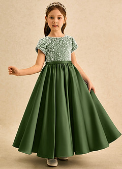 Azazie Cashew Flower Girl Dresses Olive Ball-Gown with Sleeves Matte Satin Dress image4