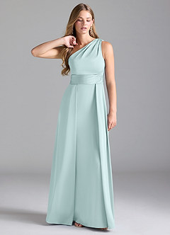 Azazie Dallas Robes de demoiselle d'honneur Robe Trapèze en Satin extensible Ue épaule Verre De Mer image1