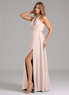 Azazie Evalleen Bridesmaid Dresses Blushing Pink A-Line Pleated Stretch Satin Dress image4