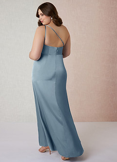 Azazie Mika Robes de demoiselle d'honneur Robe Fourreau en Satin extensible Ue épaule Bleu Poussiéreux image11
