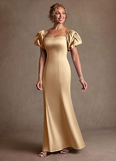 Azazie Redding Mother of the Bride Dresses Champagne Sheath Ruched Stretch Satin Dress image3