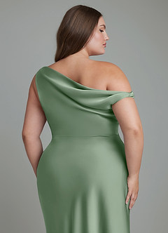 Azazie Emerson Vestidos de damas de honor Vestido Matcha de Satén Elástico de Corte Sirena con Hombros descubiertos image13