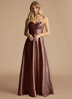 Azazie Oliana Bridesmaid Dresses Espresso A-Line Pleated Metallic Satin Dress image1