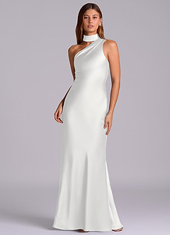 Azazie Seona Robes de demoiselle d'honneur Robe Sirène en Satin extensible Une épaule Blanc image1
