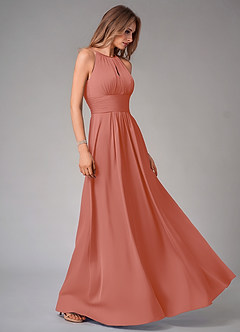 Azazie Bonnie Bridesmaid Dresses Salmon Pink A-Line Pleated Stretch Satin Dress image4