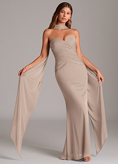 Azazie Katelyn Jurken voor bruidsmeisjes Converteerbaar Jurk van Mesh met Kolom Strapless Taupe image1