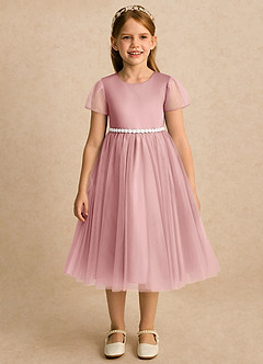 Azazie Kaylor vestidos de niña de las flores Vestido Rosa Polvorienta de Tul de Línea A con Plisado image5