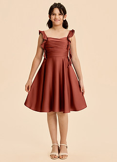 Azazie Kira Junior Vestido de Terracota de Satén Elástico de Corte en A con Volante image1