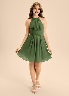 Azazie Bonnie Junior Olive A-Line Pleated Chiffon Dress image1