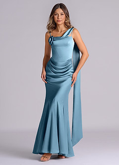 Azazie Inara Brautjungfernkleider Meerjungfrau-Linie Plissee Stretch-Satin Kleid Stahlblau image1