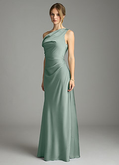 Azazie Emerson Bridesmaid Dresses Silver Sage Mermaid Off the Shoulder Stretch Satin Dress image4