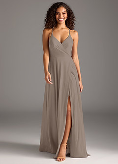 Azazie Davis Bridesmaid Dresses Taupe A-Line Pleated Mesh Dress image2