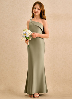 Azazie Almond Girls Formal Sukienki dla dziewczynek sypiących kwiaty Osłona Jedno ramię Satyna elastyczna Długość podłogi Sukienka image3