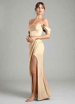 Azazie Johana Bridesmaid Dresses Champagne Mermaid Off the Shoulder Stretch Satin Convertible Dress image7