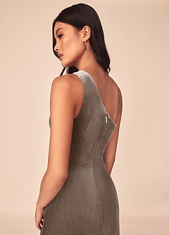 Azazie Argan Bridesmaid Dresses Silver Taupe A-Line One Shoulder Pleated Velvet Dress image7
