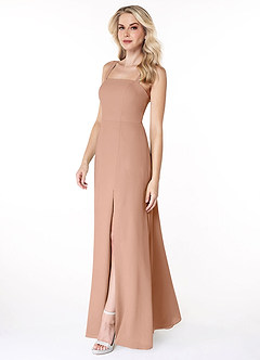 Azazie Jay Bridesmaid Dresses Champagne Rose A-Line Square Neckline Side Slit Chiffon Dress image4