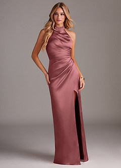 Azazie Jemma Vestidos de damas de honor Vestido de Amatista de Satén Elástico de Corte Recto con Plisado image3